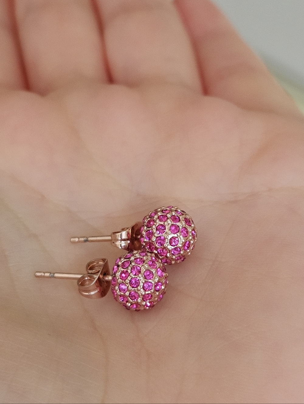 Coach Pave Pink Crystals Ball Rose Gold Plated Bling Earrings